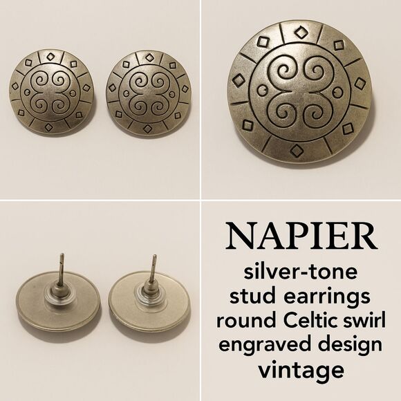 Napier small silver-tone stud earrings round Celtic swirl engraved design - Picture 1 of 4
